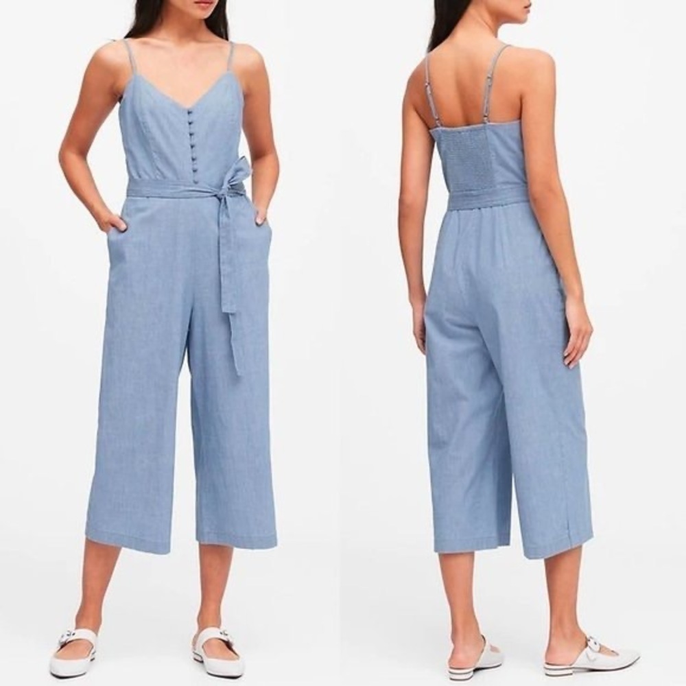 Banana Republic Chambray Blue Wide-Leg Cropped Tie Waist Jumpsuit 2 - Picture 3 of 6